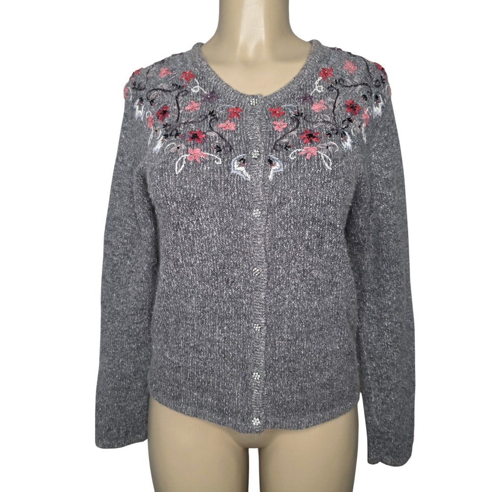 Christopher & Banks Cardigan Women S Grey Floral Embroidered Silk Angora Sweater